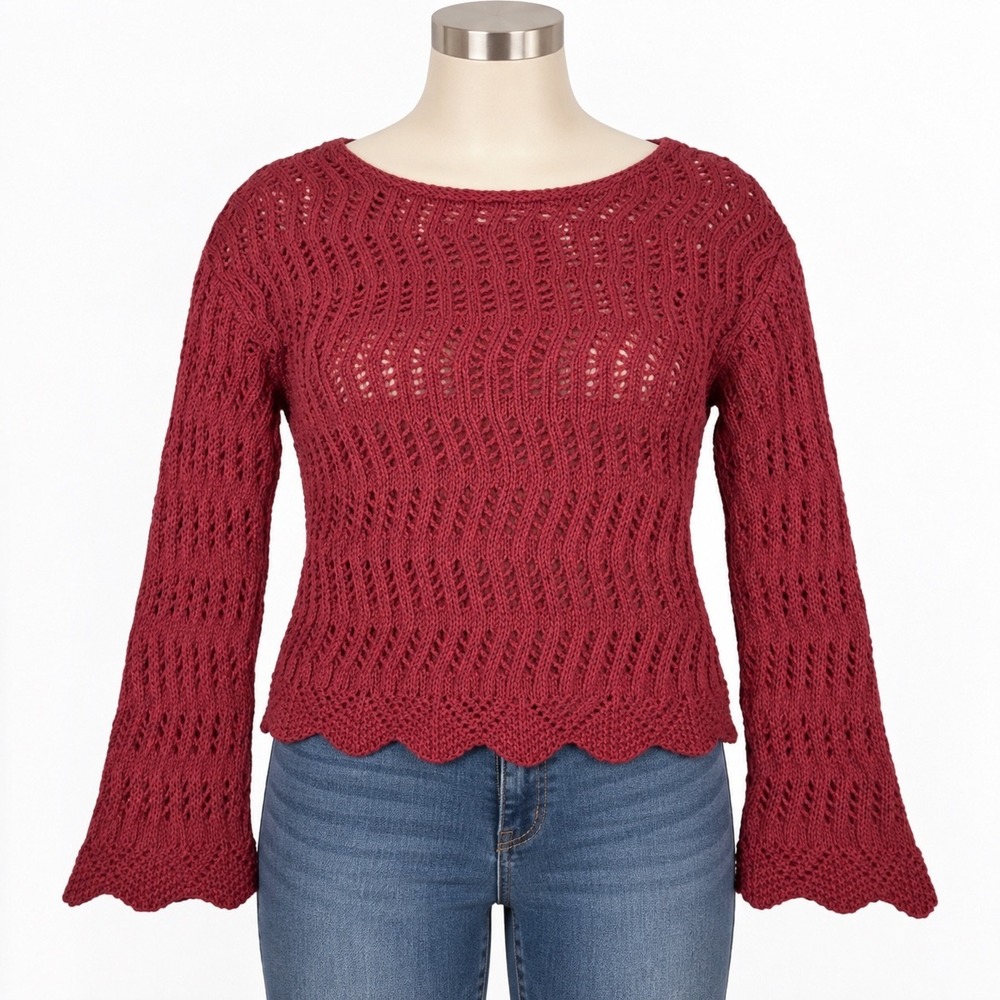 American Eagle Sweater Womens S Coral/Red Open Knit Bell Sleeve Scalloped Boho